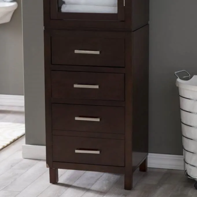 Espresso Wood Linen Tower Bathroom Storage Cabinet with Glass Paneled Door