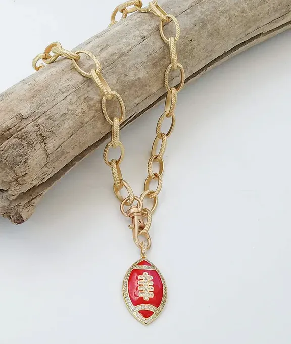 Etched Chain Necklace with Enamel Football - Red