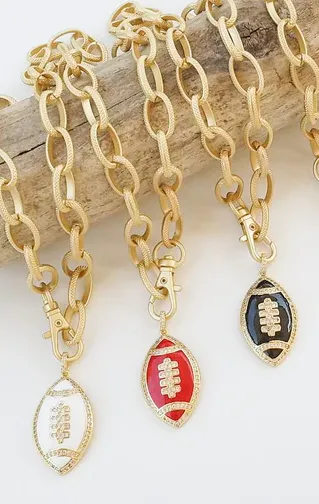 Etched Chain Necklace with Enamel Football - Red