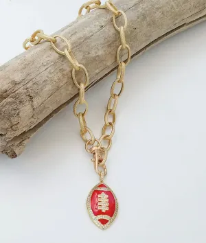 Etched Chain Necklace with Enamel Football - Red