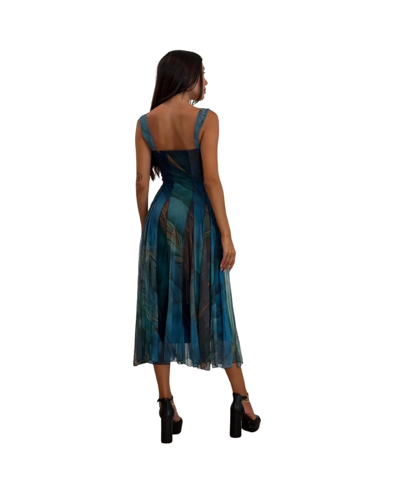 FINLEY 822 Sleeveless Tea Length Fit N Flare Paneled Dress