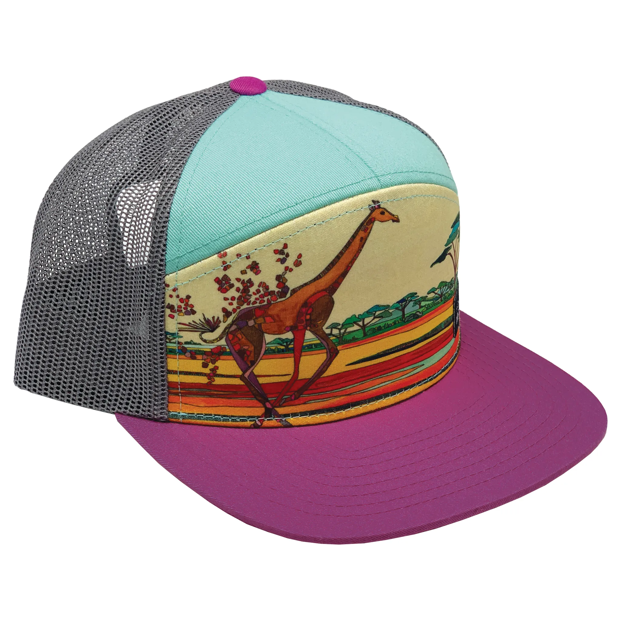 Fleeing Giraffe | 7 Panel Youth | Magenta | Aqua | 100% Grey Recycled Mesh