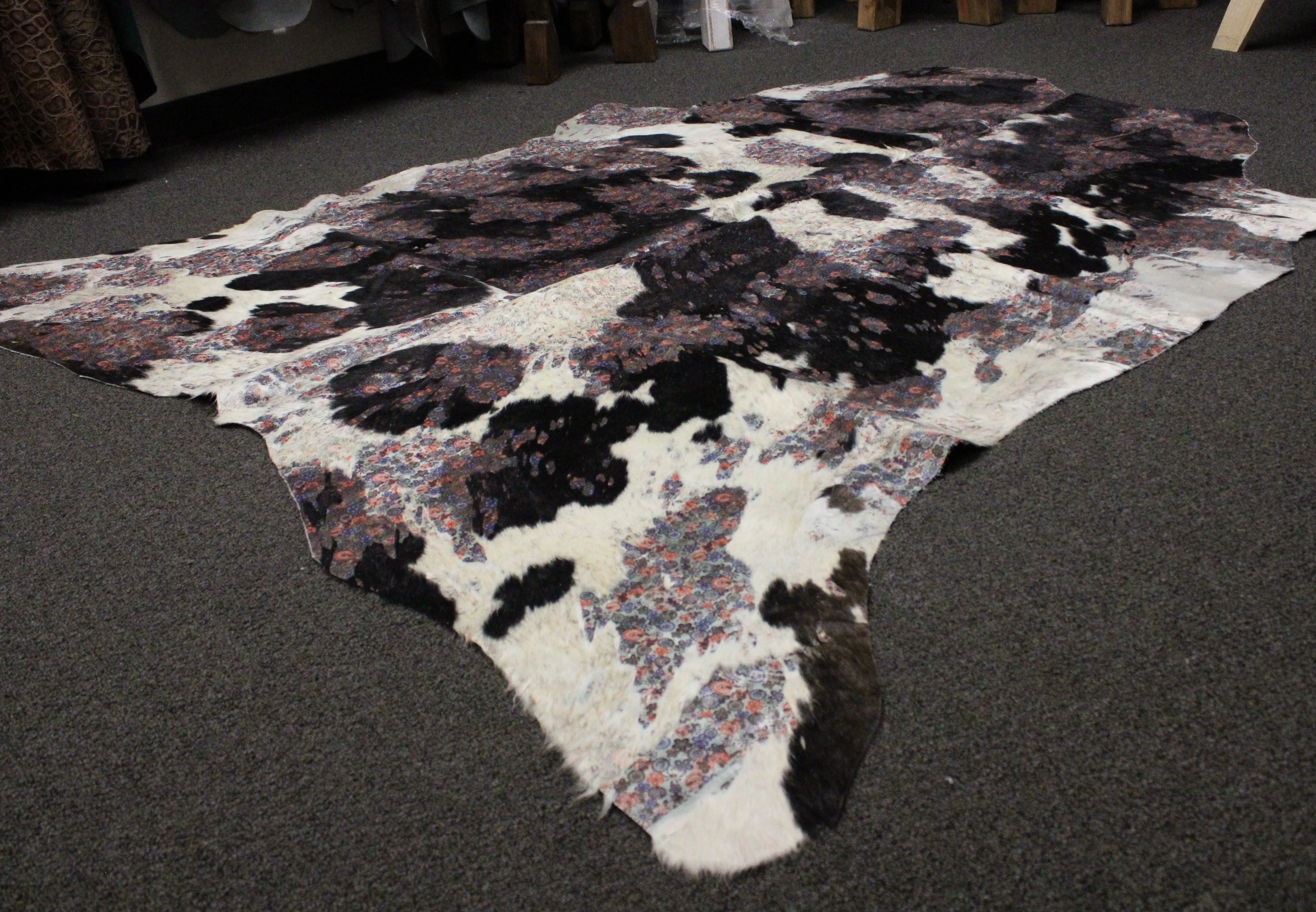 Flowers Print  on  Black & white COWHIDE - 80x75 INCHES - Premium Cowhide