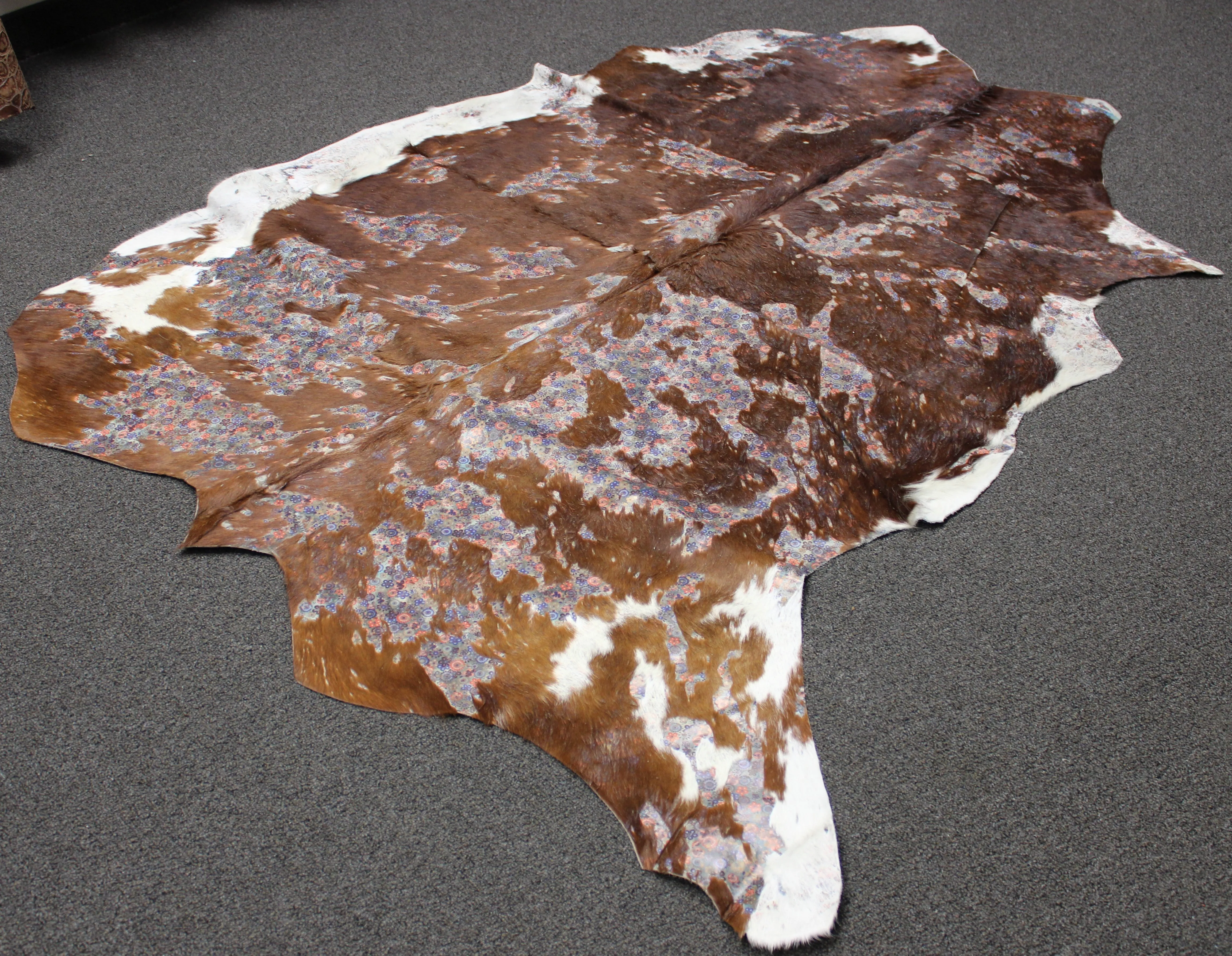 Flowers Print  on brown & white  COWHIDE - 77 x 64 INCHES - Premium Cowhide Leather