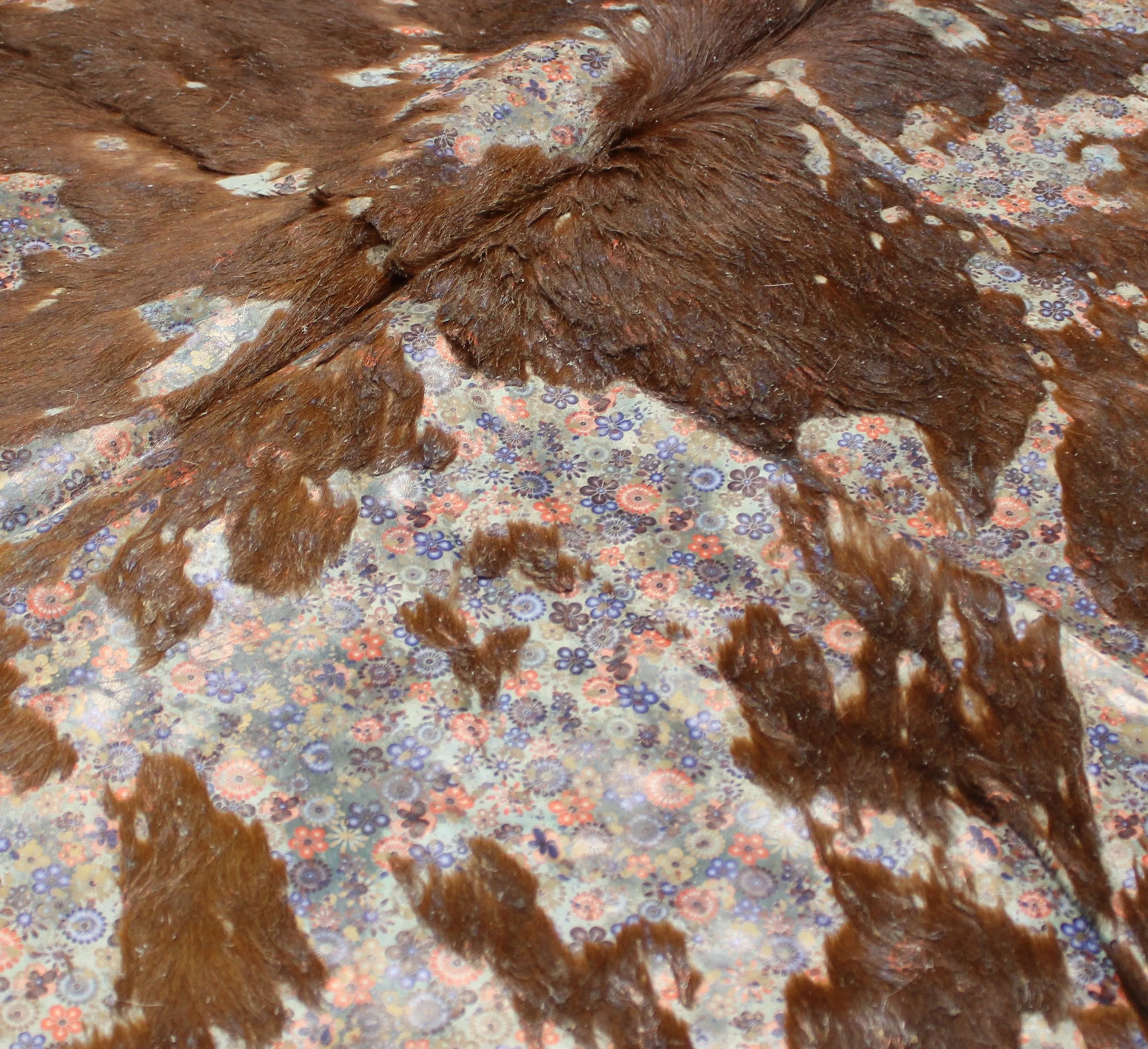 Flowers Print  on brown & white  COWHIDE - 77 x 64 INCHES - Premium Cowhide Leather