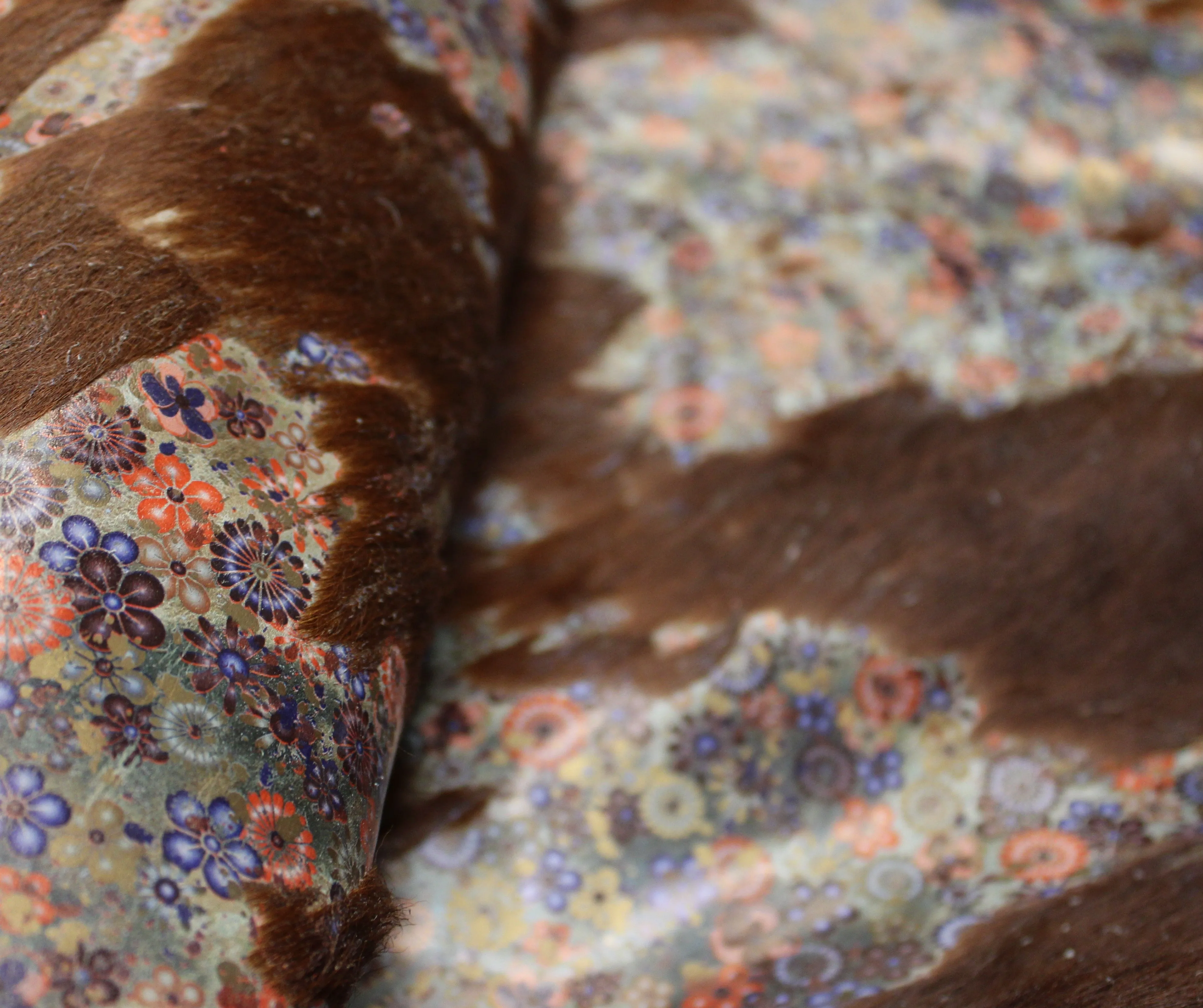 Flowers Print  on brown & white  COWHIDE - 77 x 64 INCHES - Premium Cowhide Leather