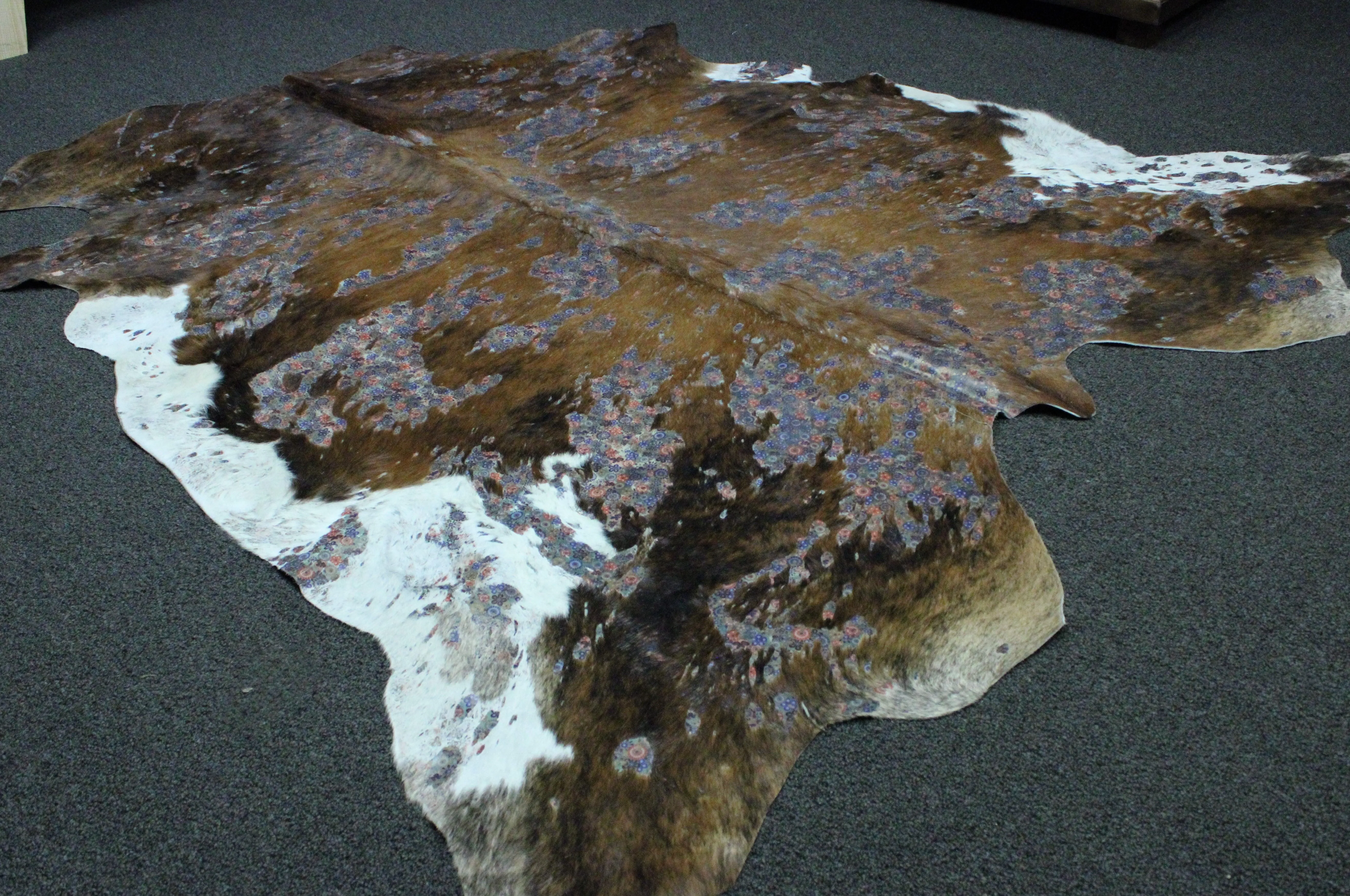 Flowers Print  on  Brown & White   COWHIDE - 81x 73 INCHES - Premium Cowhide Leather