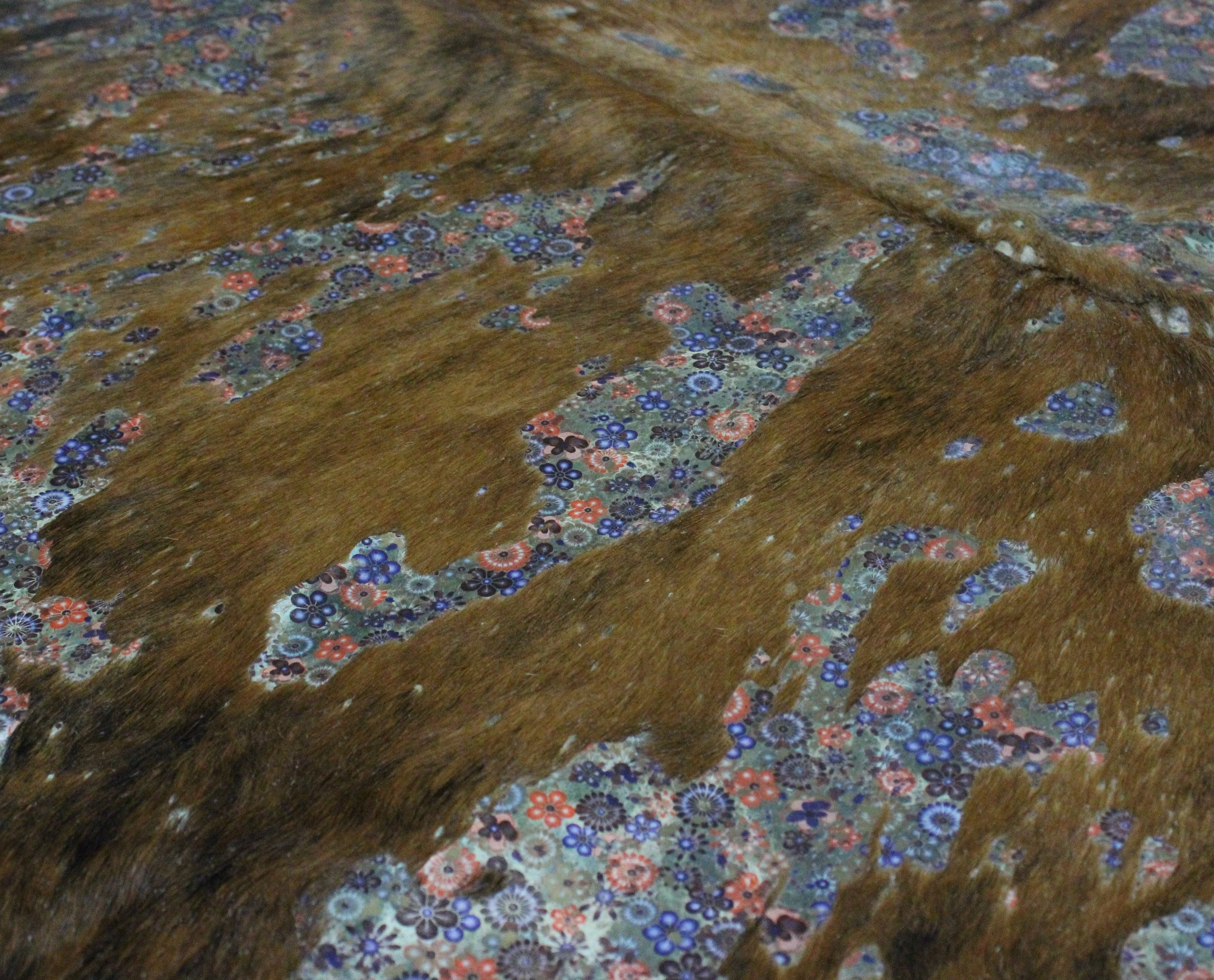 Flowers Print  on  Brown & White   COWHIDE - 81x 73 INCHES - Premium Cowhide Leather