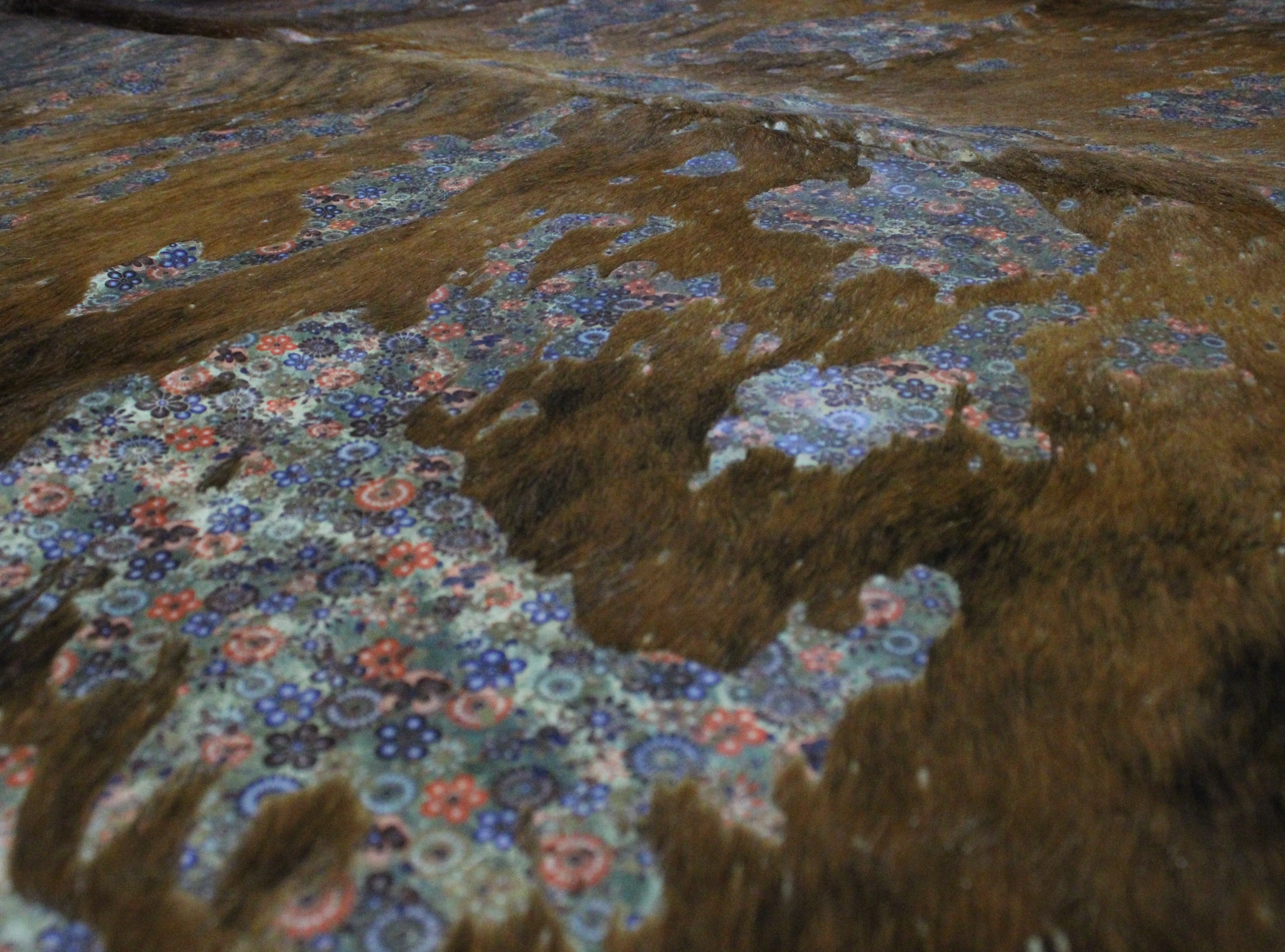 Flowers Print  on  Brown & White   COWHIDE - 81x 73 INCHES - Premium Cowhide Leather
