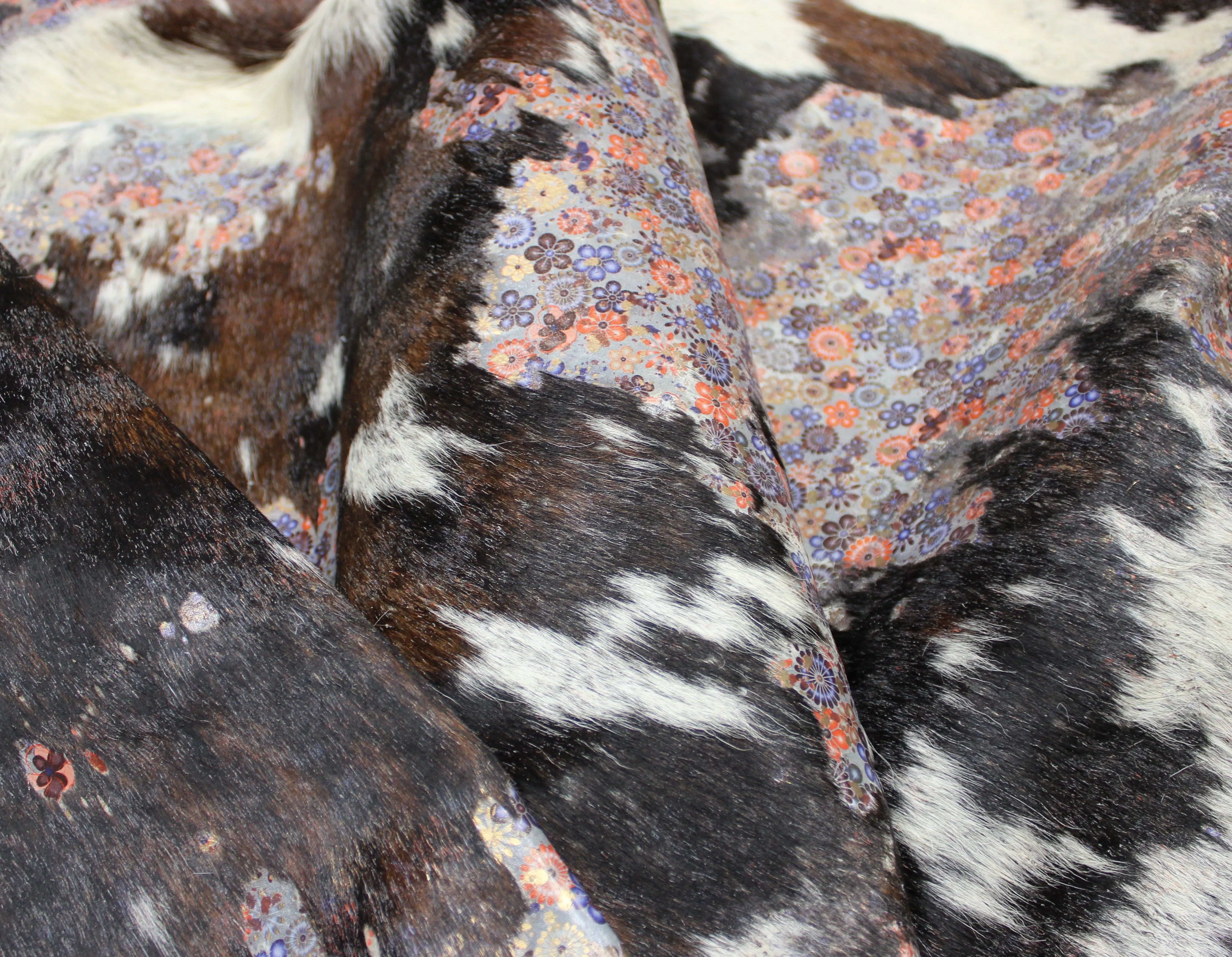 Flowers  Print  on Tricolor  COWHIDE - 85 x 73 INCHES - Premium Cowhide Leather