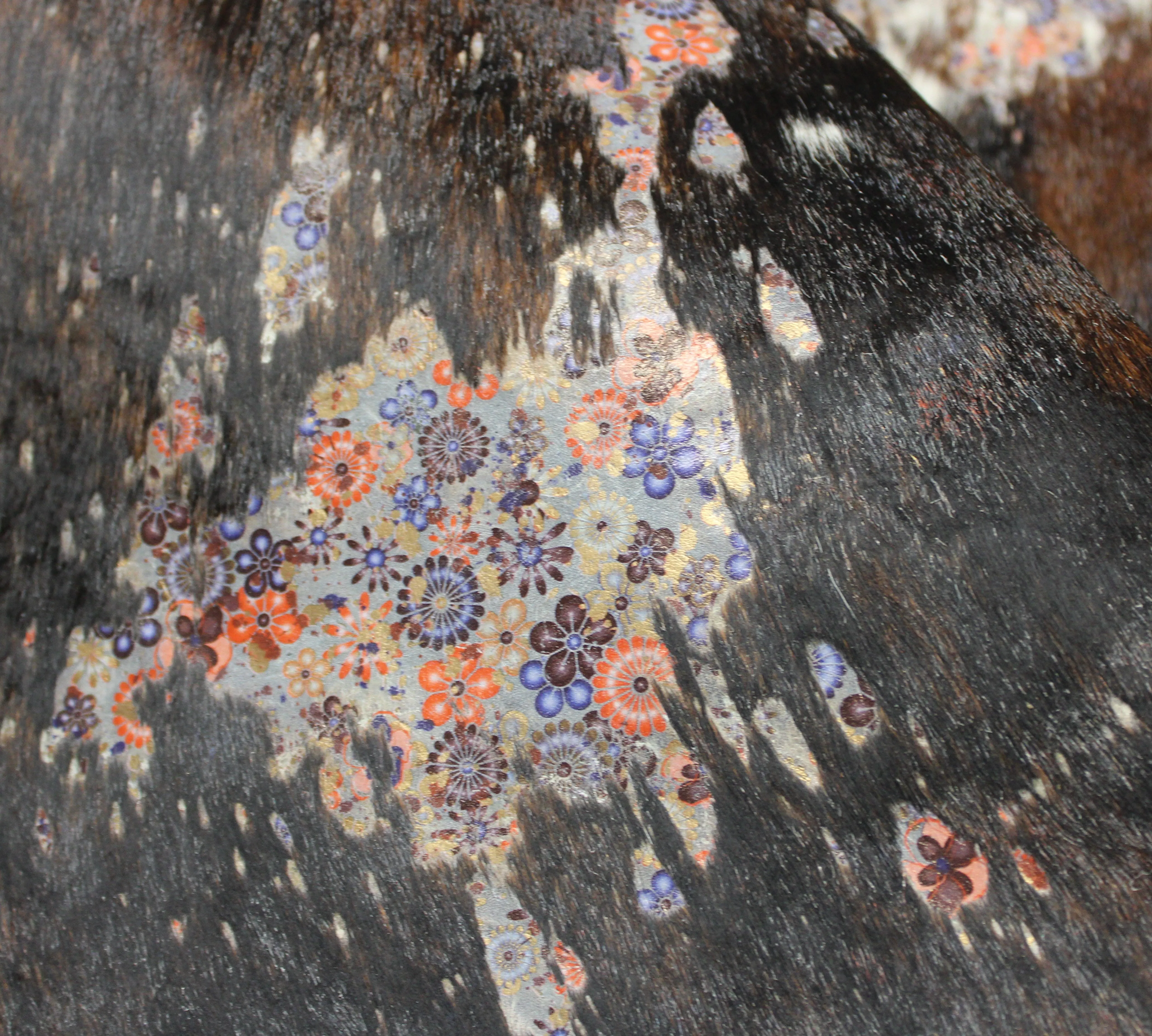 Flowers  Print  on Tricolor  COWHIDE - 85 x 73 INCHES - Premium Cowhide Leather