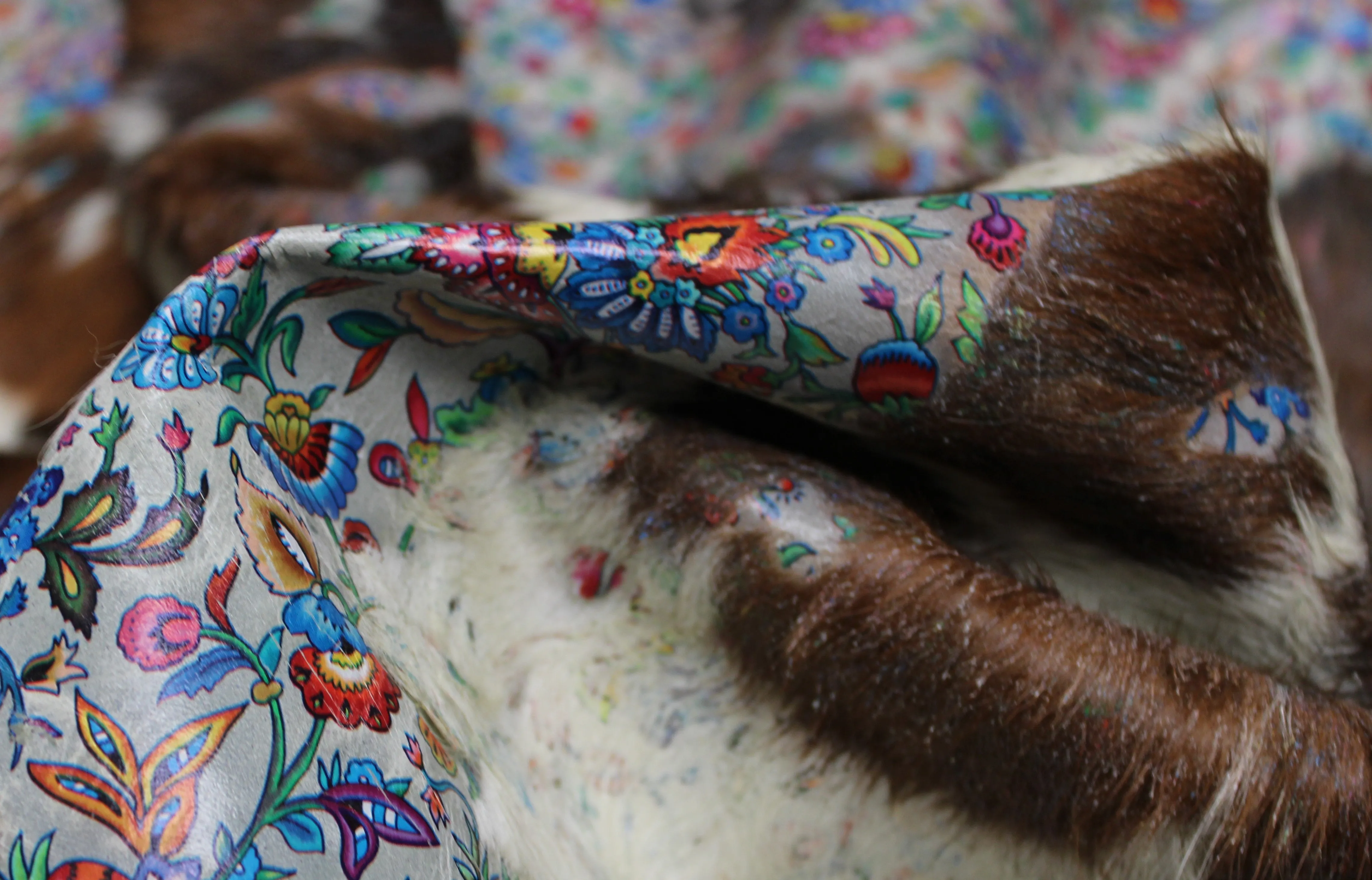 Flowers Print  on  Tricolor  COWHIDE - 87 x 60 INCHES - Premium Cowhide Leather
