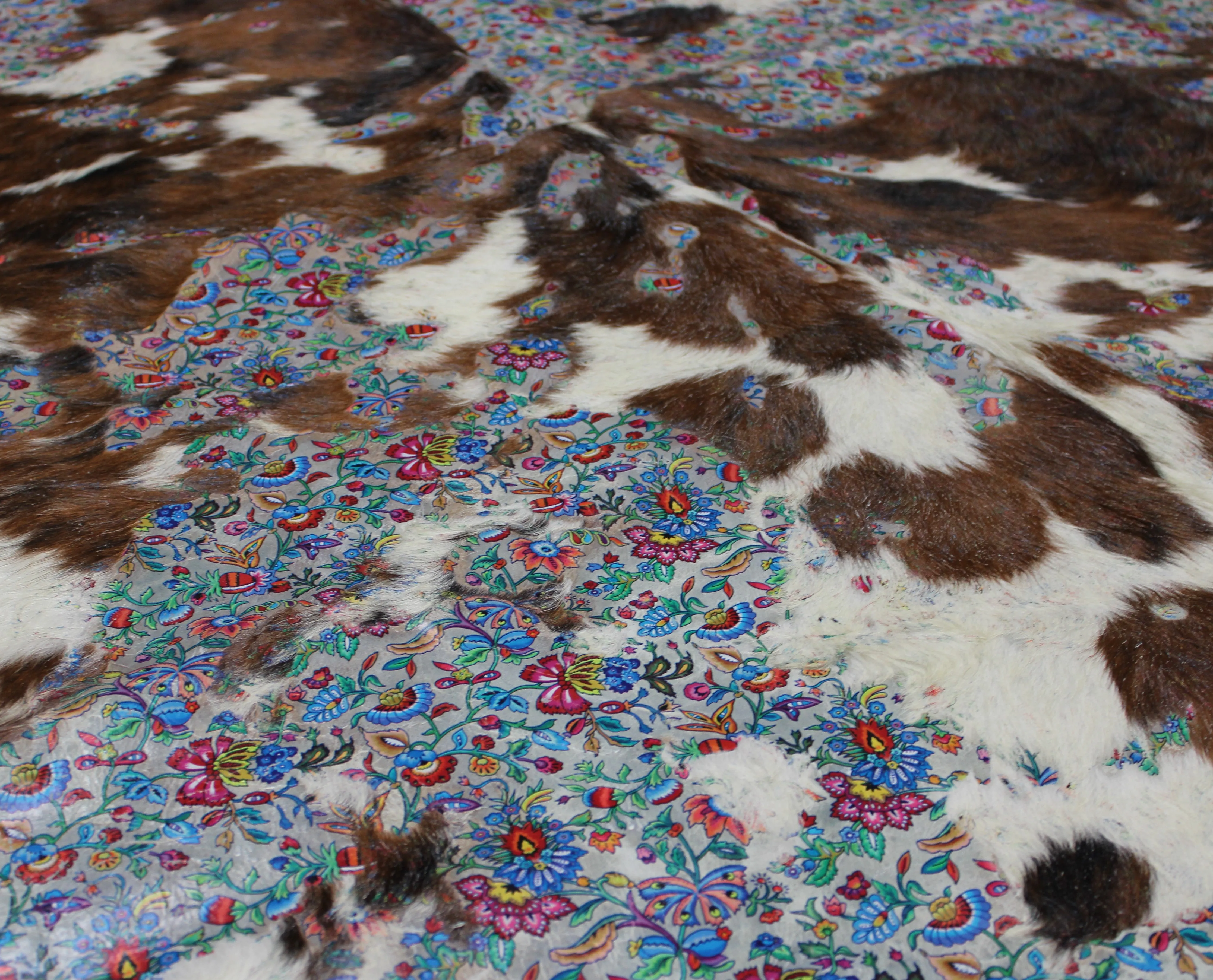 Flowers Print  on  Tricolor  COWHIDE - 87 x 60 INCHES - Premium Cowhide Leather