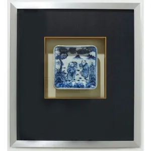 Framed Blue & White Plate with Figural Scene