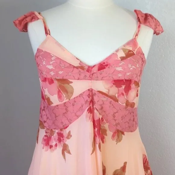 Free People Chemise Sz L Monday Morning Trapeze Coral Pink Roses Slip Dress