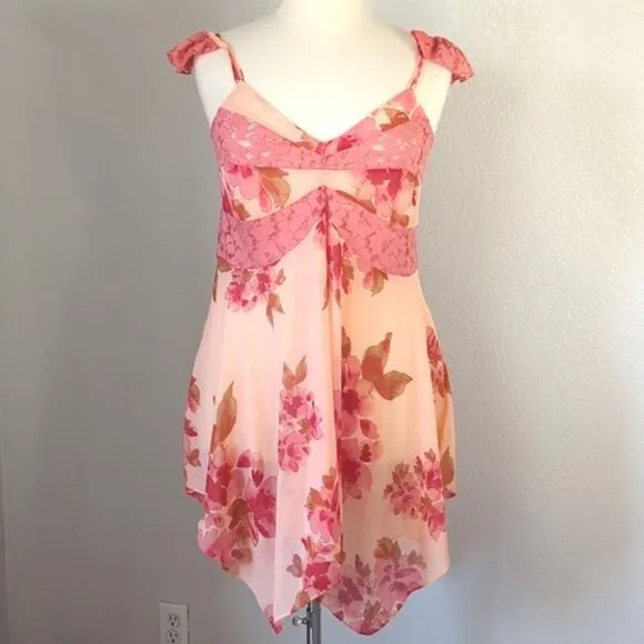 Free People Chemise Sz L Monday Morning Trapeze Coral Pink Roses Slip Dress