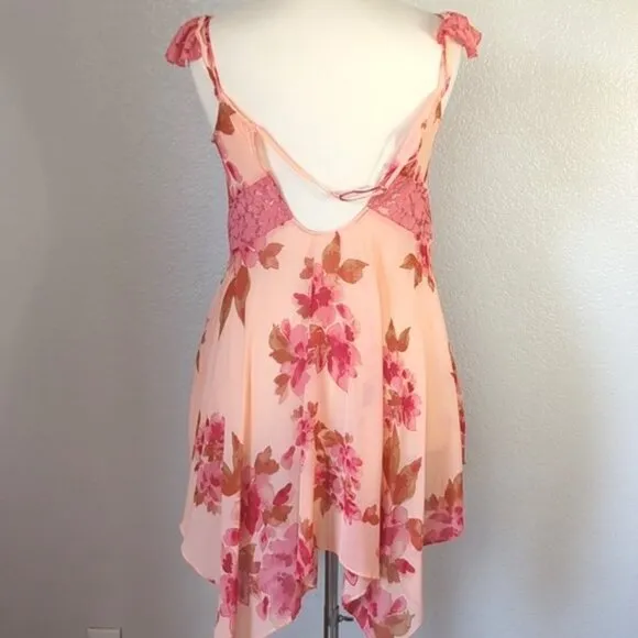 Free People Chemise Sz L Monday Morning Trapeze Coral Pink Roses Slip Dress