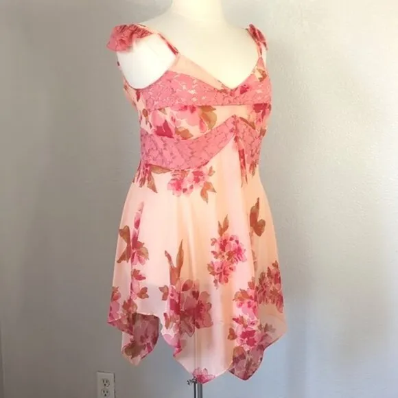Free People Chemise Sz L Monday Morning Trapeze Coral Pink Roses Slip Dress