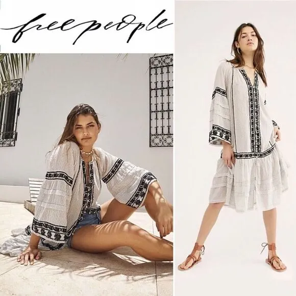 FREE PEOPLE Vagabond Embroidered Kaftan Tunic Top Midi Dress M Medium $228