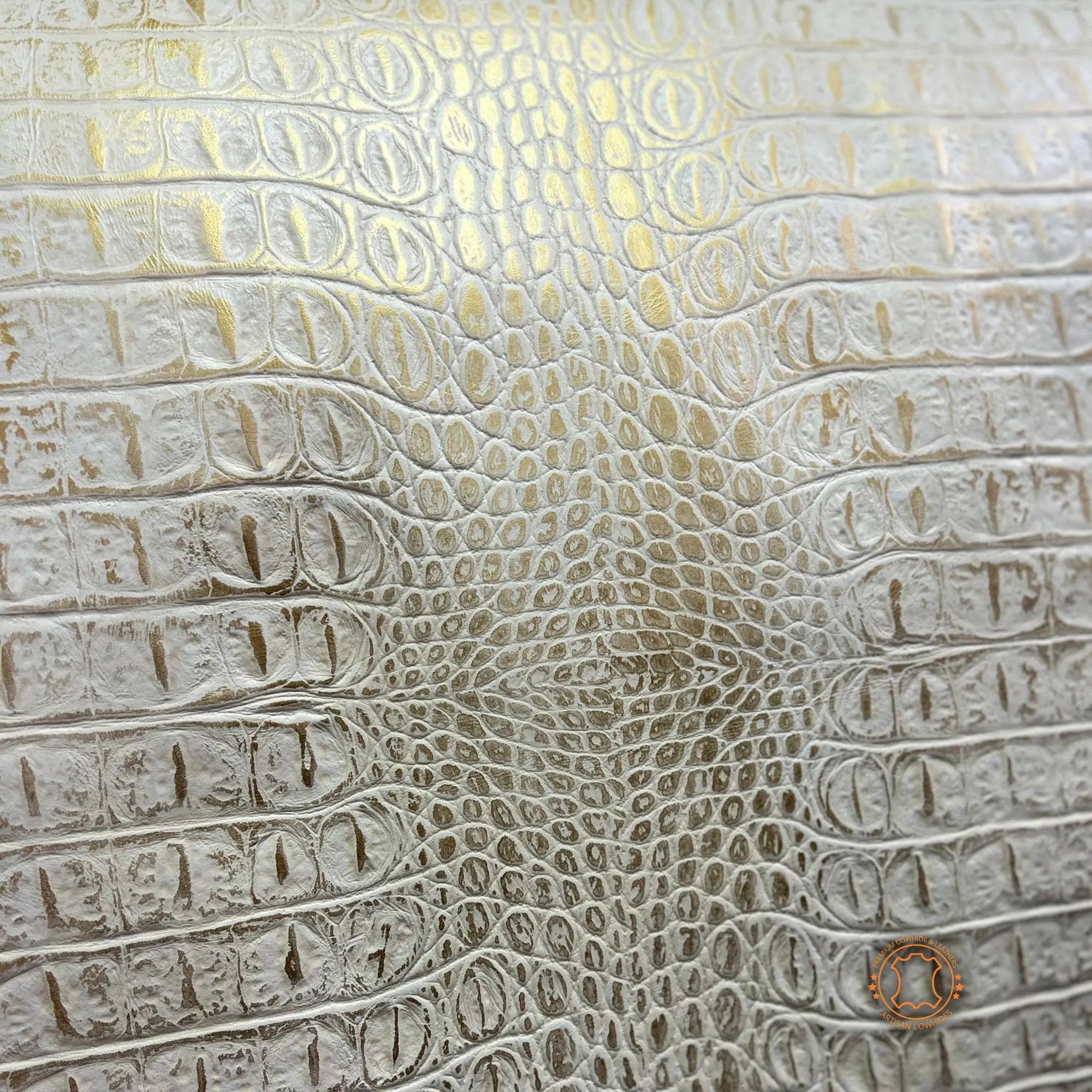 GOLD EMBOSSED CROCODILE LEATHER : Genuine Leather 3- 3.5 oz. - Perfect for Handbags and Leather Crafts!