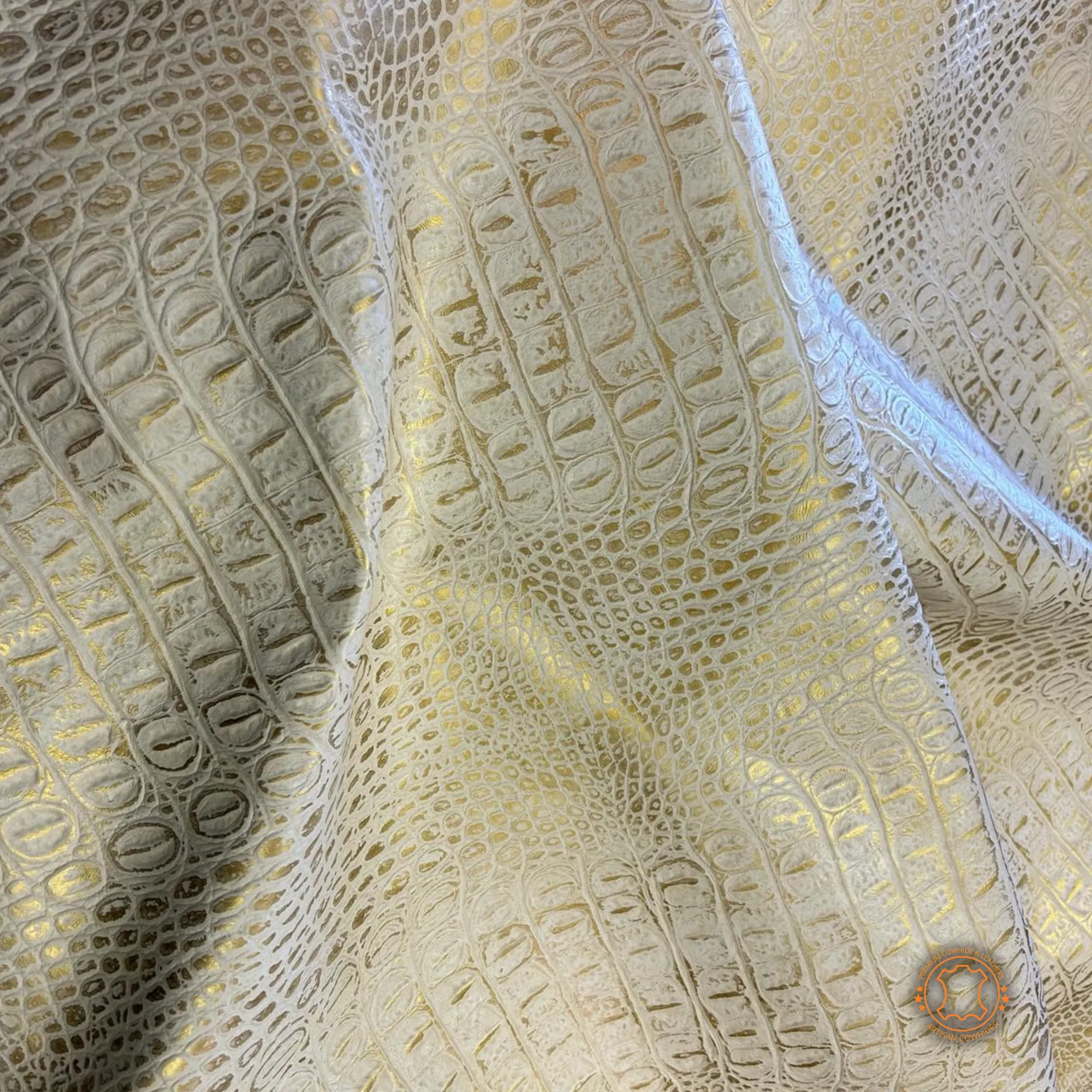 GOLD EMBOSSED CROCODILE LEATHER : Genuine Leather 3- 3.5 oz. - Perfect for Handbags and Leather Crafts!