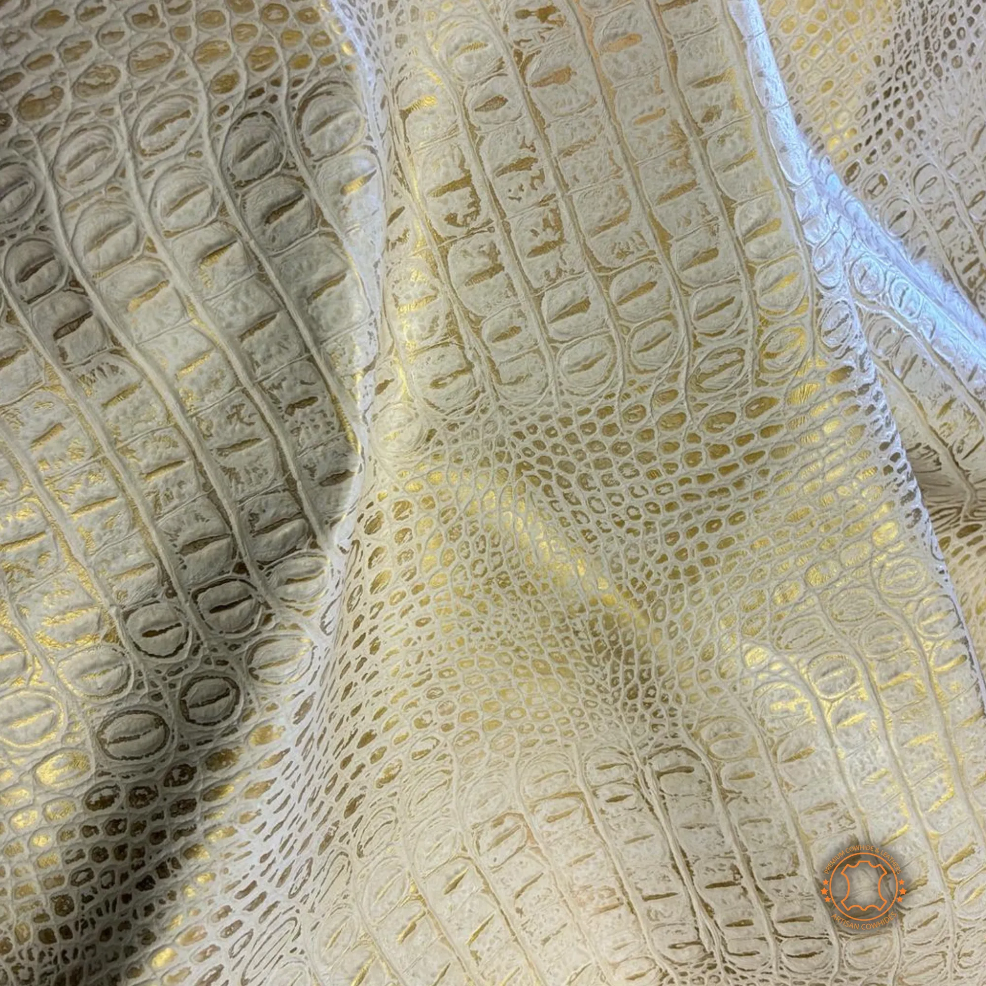 GOLD EMBOSSED CROCODILE LEATHER : Genuine Leather 3- 3.5 oz. - Perfect for Handbags and Leather Crafts!