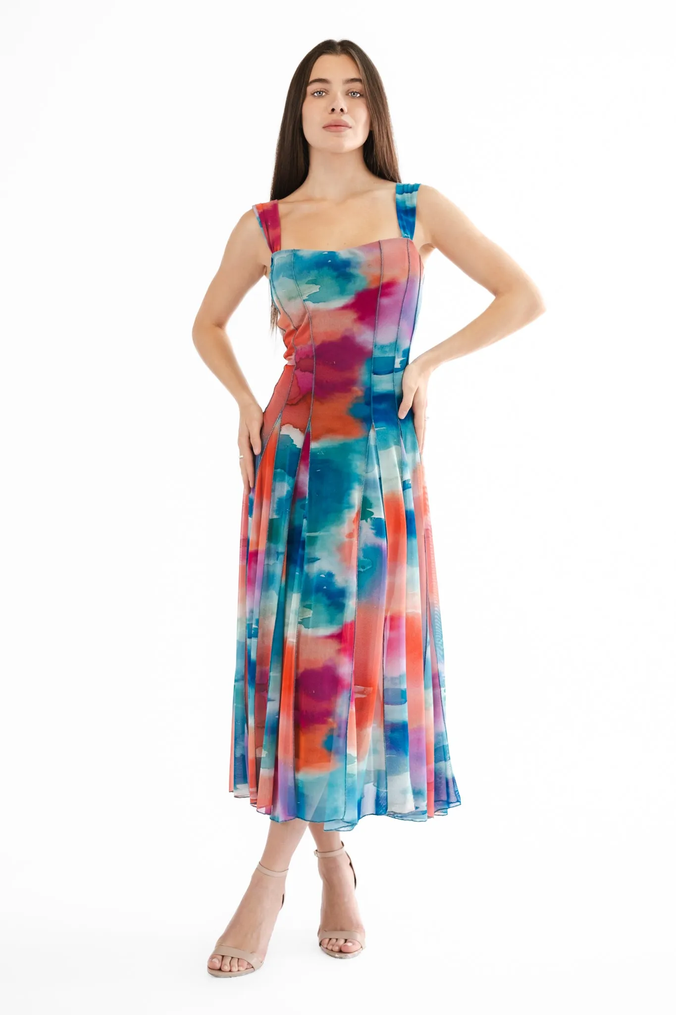 GRACE 822 Sleeveless Tea Length Fit N Flare Paneled Dress (Copy)