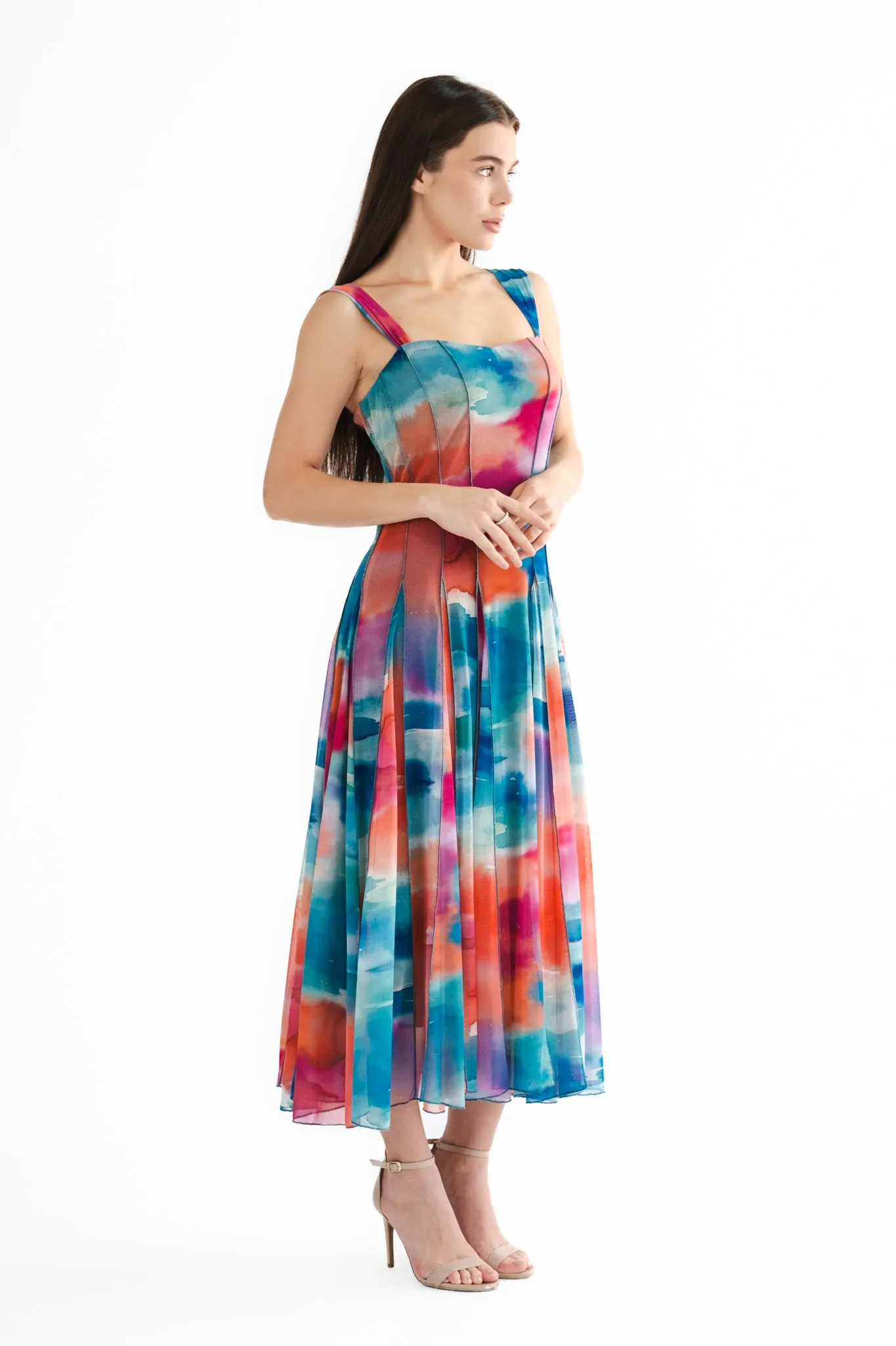 GRACE 822 Sleeveless Tea Length Fit N Flare Paneled Dress (Copy)