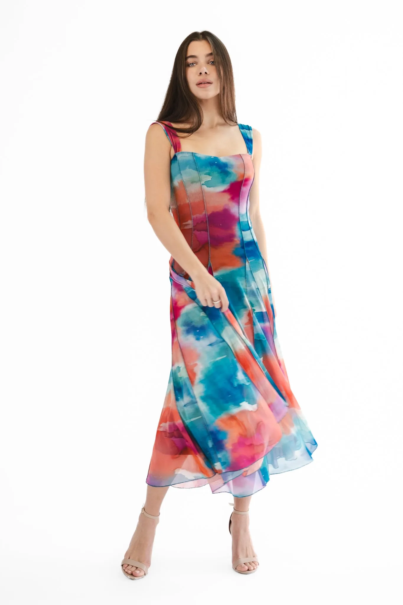 GRACE 822 Sleeveless Tea Length Fit N Flare Paneled Dress (Copy)