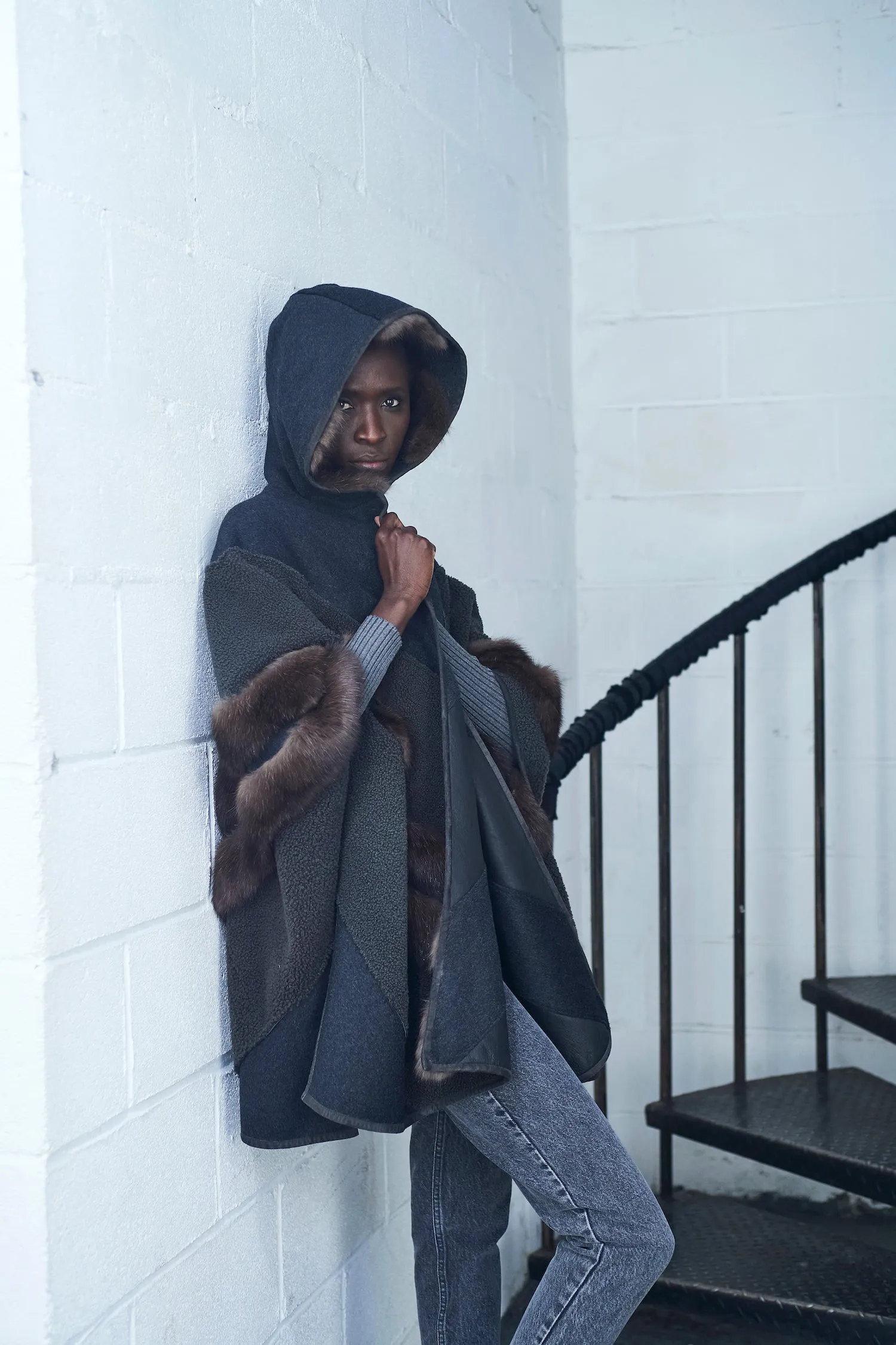 Graphite Shearling and Sable Paneled Hooded Cape