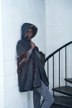 Graphite Shearling and Sable Paneled Hooded Cape