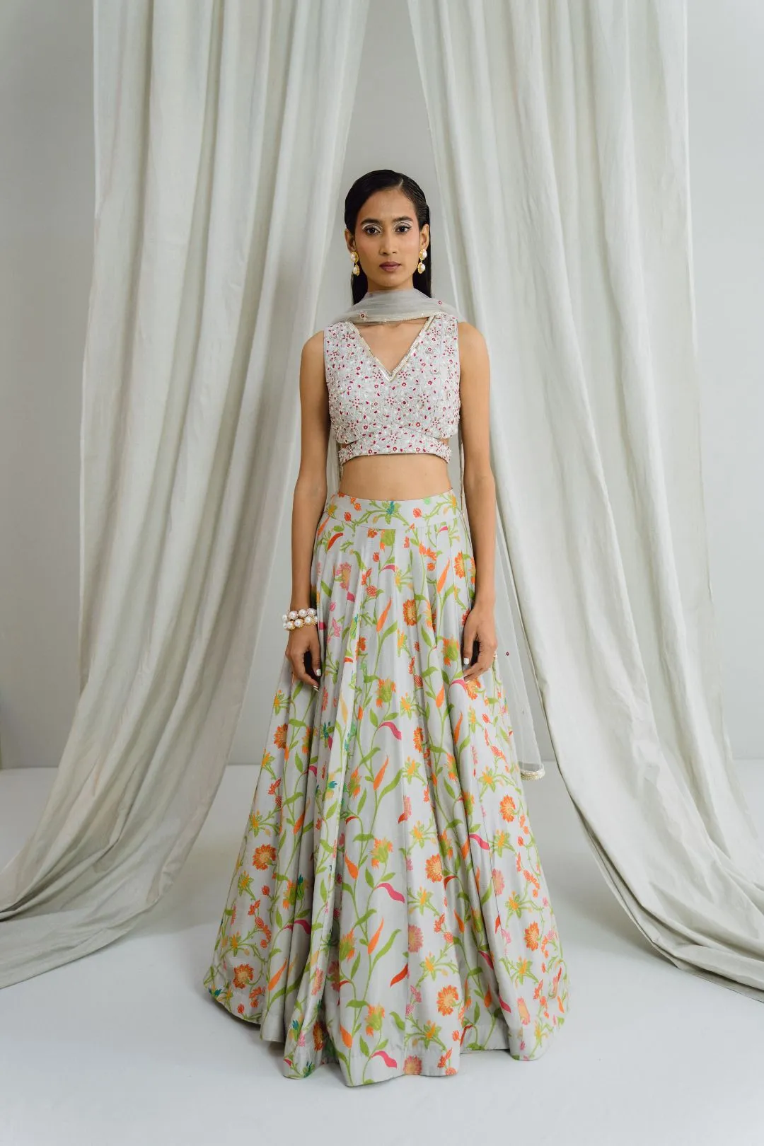 Grey Printed Lehenga Set