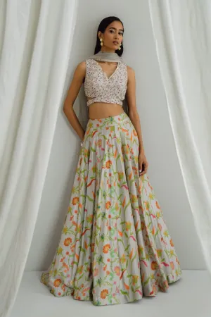Grey Printed Lehenga Set