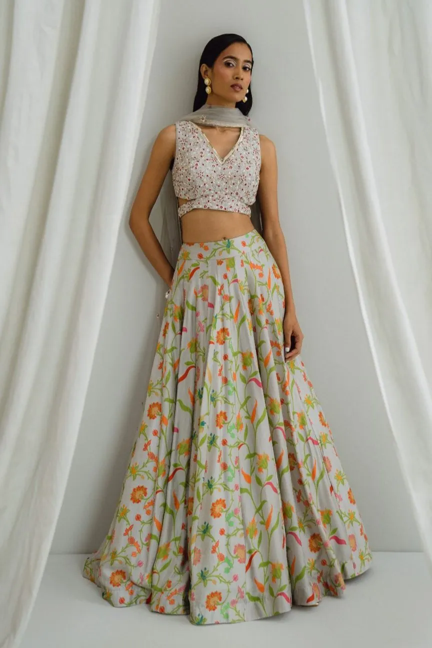 Grey Printed Lehenga Set