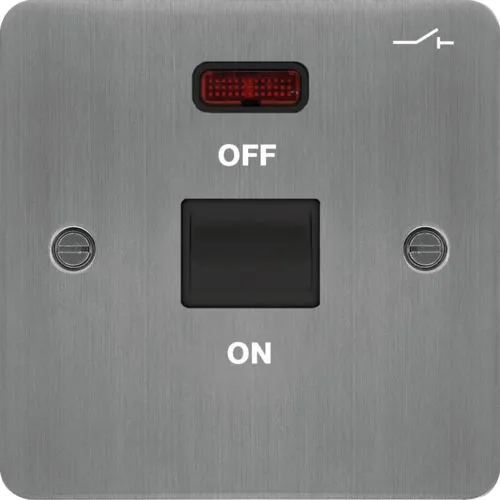 Hager WFDP50NBSB Sollysta Flat Plate 50A 1G DP Switch   LED Indicator - Brushed Steel   Black Insert