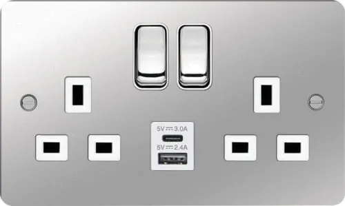 Hager WFSS82PSW-USBSAC Sollysta Flat Plate 13A 2 Gang DP Switched Socket  2xUSB (Type A C) - Polished Steel   White Insert