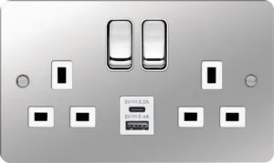 Hager WFSS82PSW-USBSAC Sollysta Flat Plate 13A 2 Gang DP Switched Socket  2xUSB (Type A C) - Polished Steel   White Insert