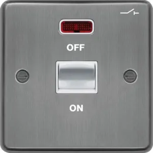 Hager WRDP50NBSW Sollysta Raised Plate 50A Double Pole Switch 1 Gang LED - Brushed Steel   White Insert