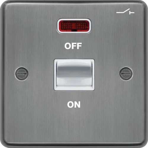 Hager WRDP50NBSW Sollysta Raised Plate 50A Double Pole Switch 1 Gang LED - Brushed Steel   White Insert