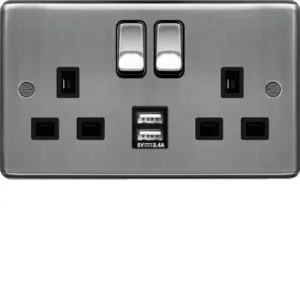 Hager WRSS82BSB-USB Sollysta Raised Plate 13A 2 Gang DP Switched Socket   2xUSB (Type A A) - Brushed Steel   Black Insert