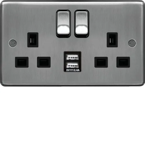 Hager WRSS82BSB-USB Sollysta Raised Plate 13A 2 Gang DP Switched Socket   2xUSB (Type A A) - Brushed Steel   Black Insert