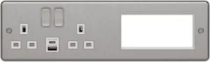 Hager WRTVLPHBSW Sollysta Raised Plate 2G Lounge Plate for TV, Power & Data with USB A C - Brushed Steel   White Insert
