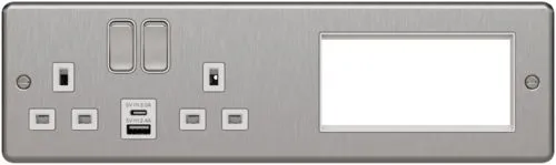 Hager WRTVLPHBSW Sollysta Raised Plate 2G Lounge Plate for TV, Power & Data with USB A C - Brushed Steel   White Insert