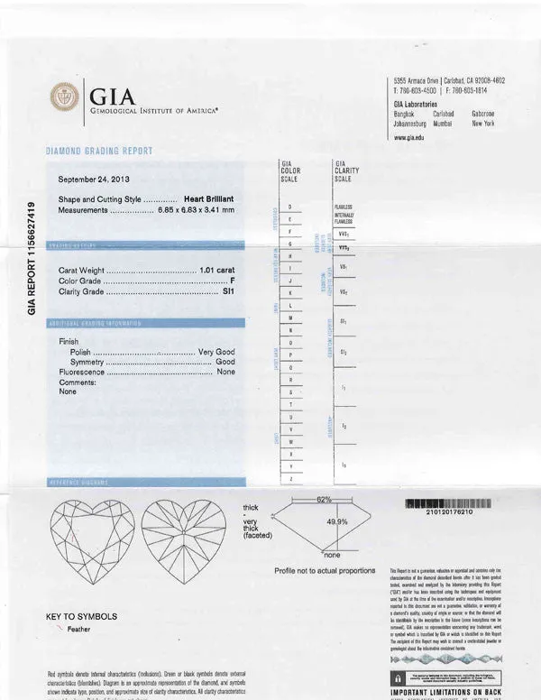 Heart Shaped Diamond GIA Certified 1.01ct F-SI1