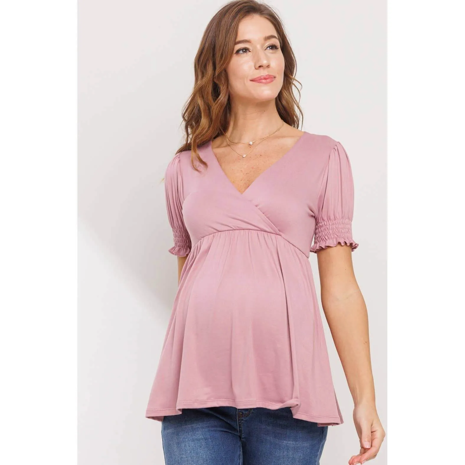 Hello Miz - Surplice Smocked Sleeve Maternity Nursing Top
