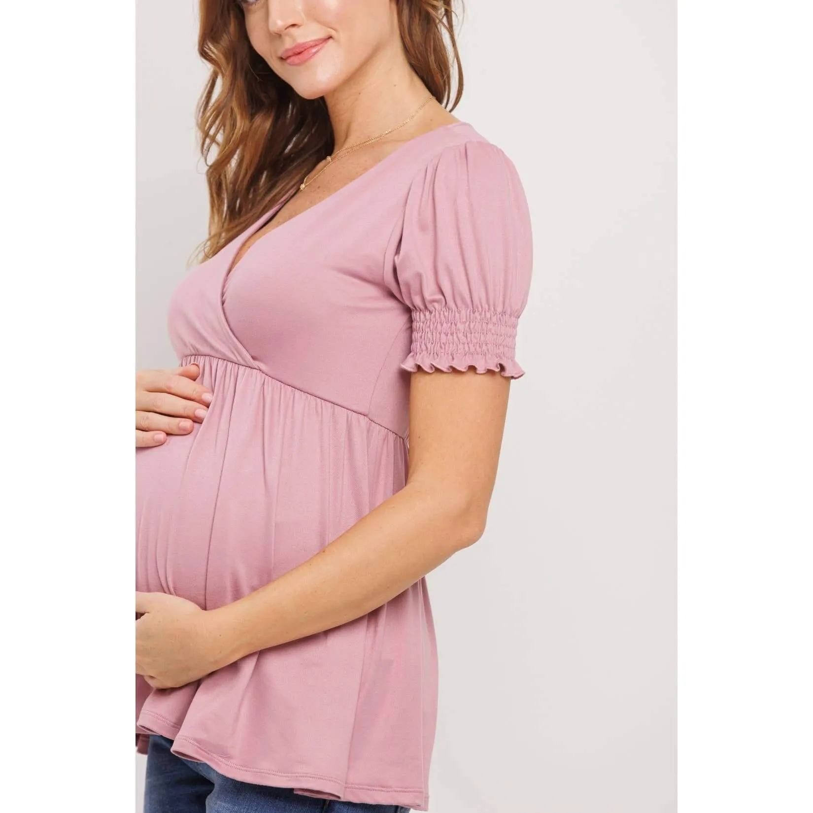 Hello Miz - Surplice Smocked Sleeve Maternity Nursing Top