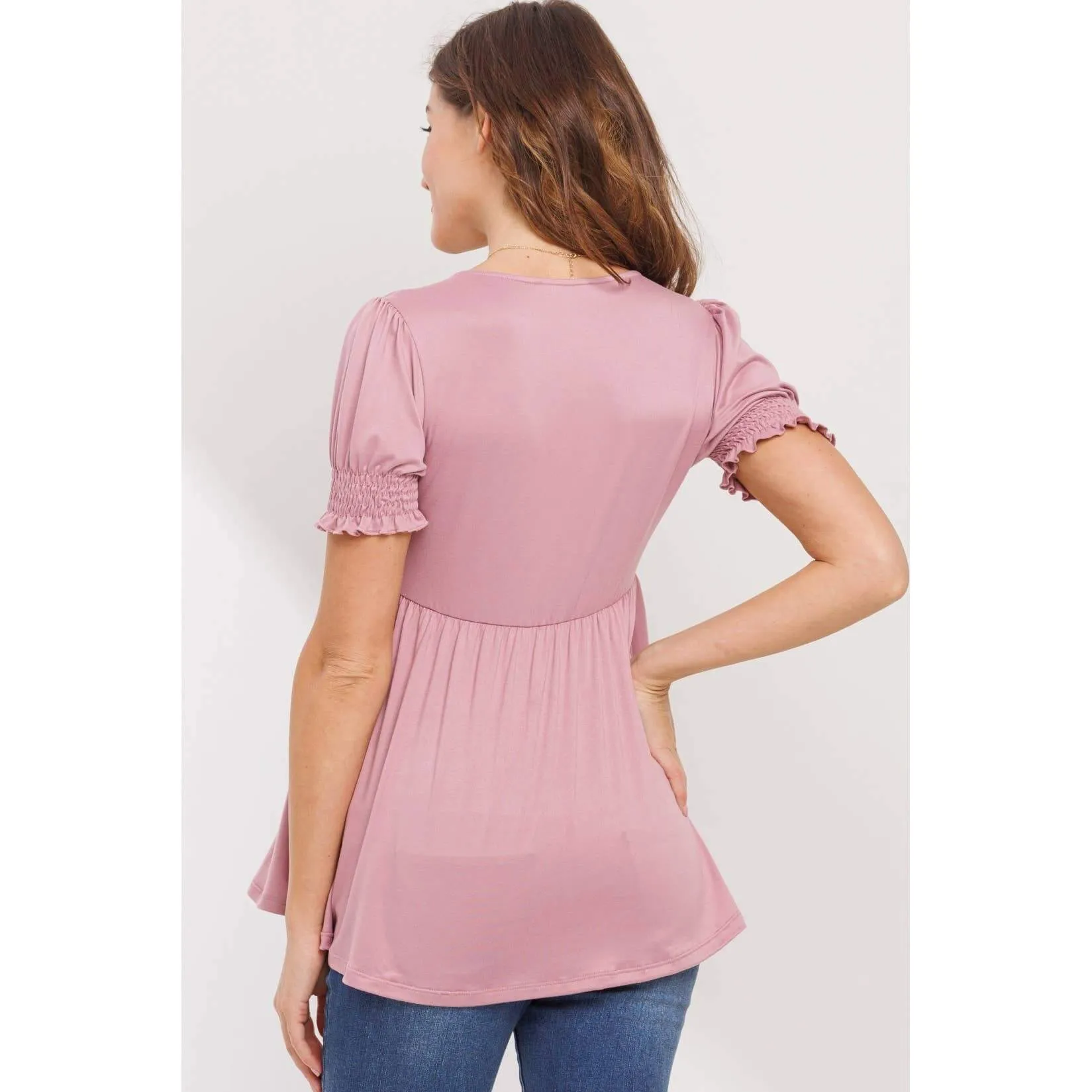 Hello Miz - Surplice Smocked Sleeve Maternity Nursing Top
