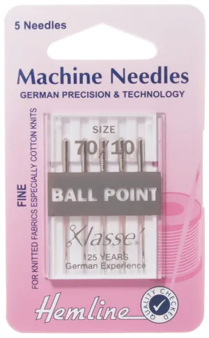 Hemline Ball Point Sewing Machine Needles Fine -70 / 10