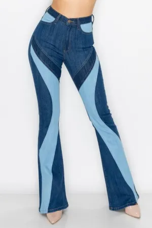 HIGH RISE MULTI PANEL MULTI TONE FLARE JEANS
