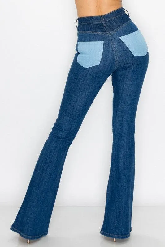 HIGH RISE MULTI PANEL MULTI TONE FLARE JEANS